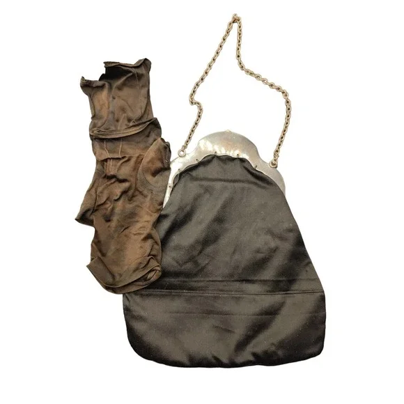 Antique Gorham Silver Black Purse w/ Antique Glasses and Gloves inside - Picture 4 of 6